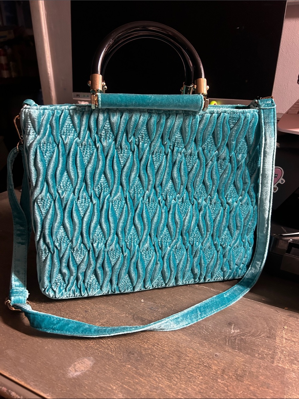 Teal Velvet Textured Top-Handle Shoulder Bag